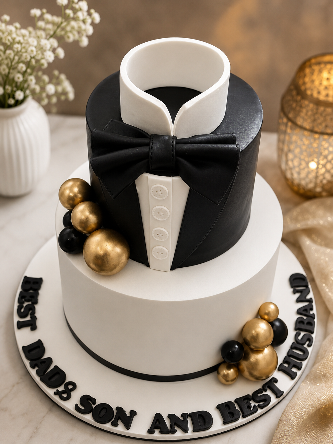 Black, White & Gold Tuxedo Cake