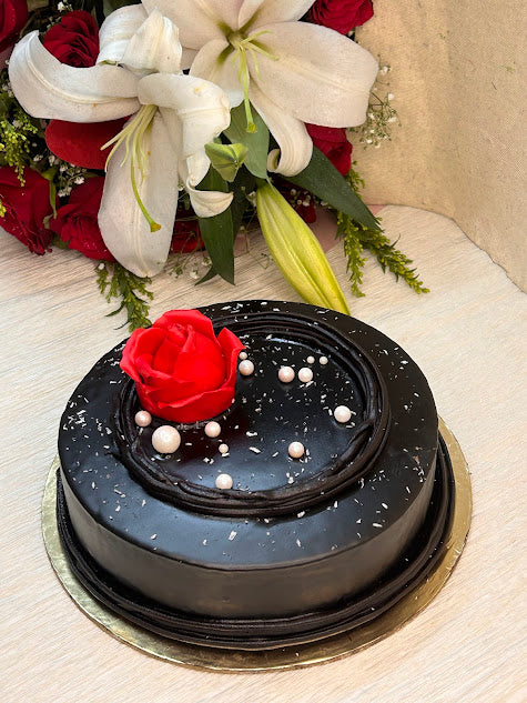 Dark Chocolate Red Rose and Pearl Design Cake | Doon Memories