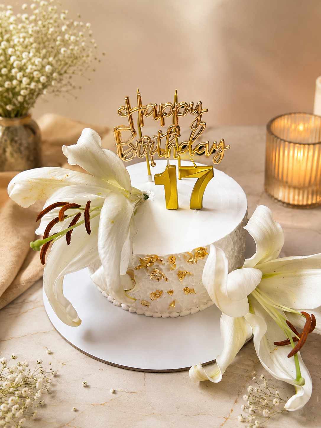 Elegant White Lily Birthday Cake