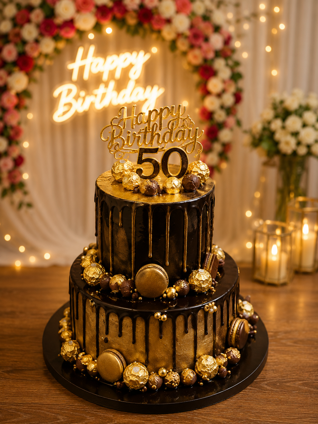 Luxurious Black & Gold 50th Birthday Celebration Cake