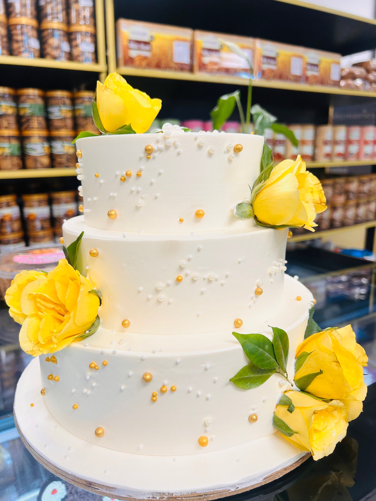 Gloden Blossom Elegance-3 tier Floral Cake