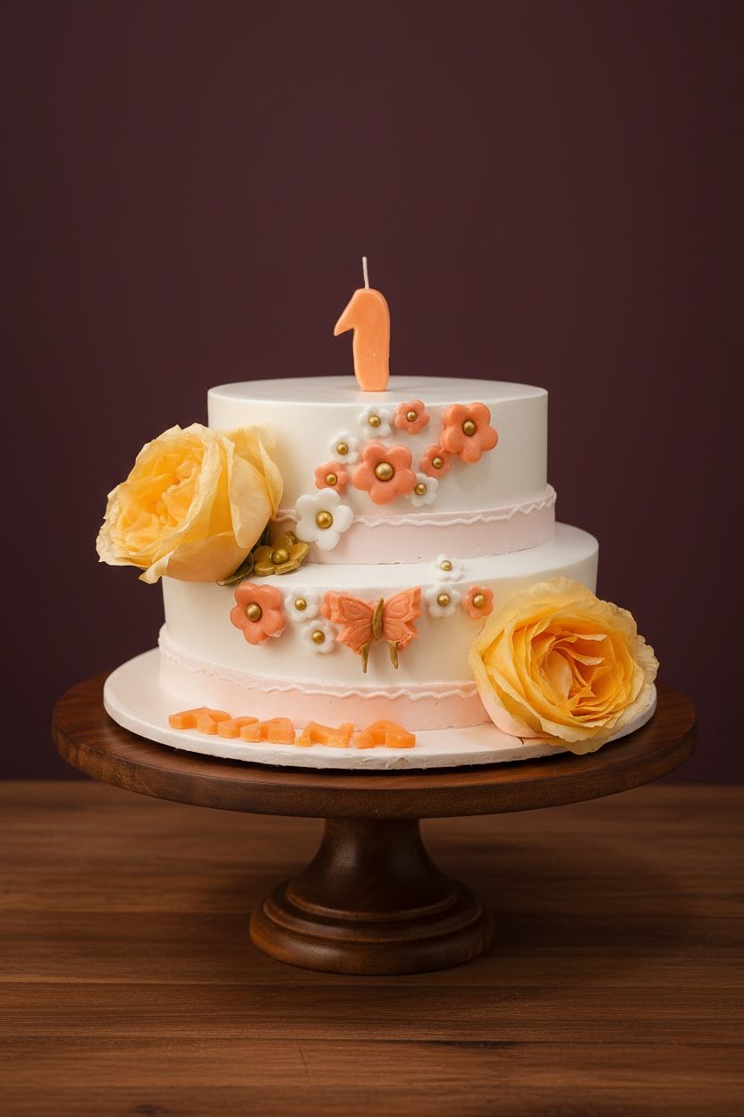 Peach Blossom First Birthday Cake – Elegant 2-Tier Celebration