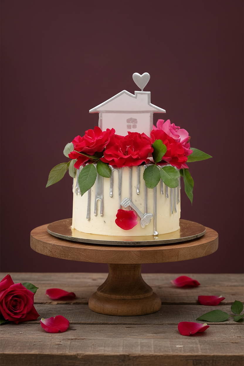 Decorative cake with red roses and a small house on top against a neutral background