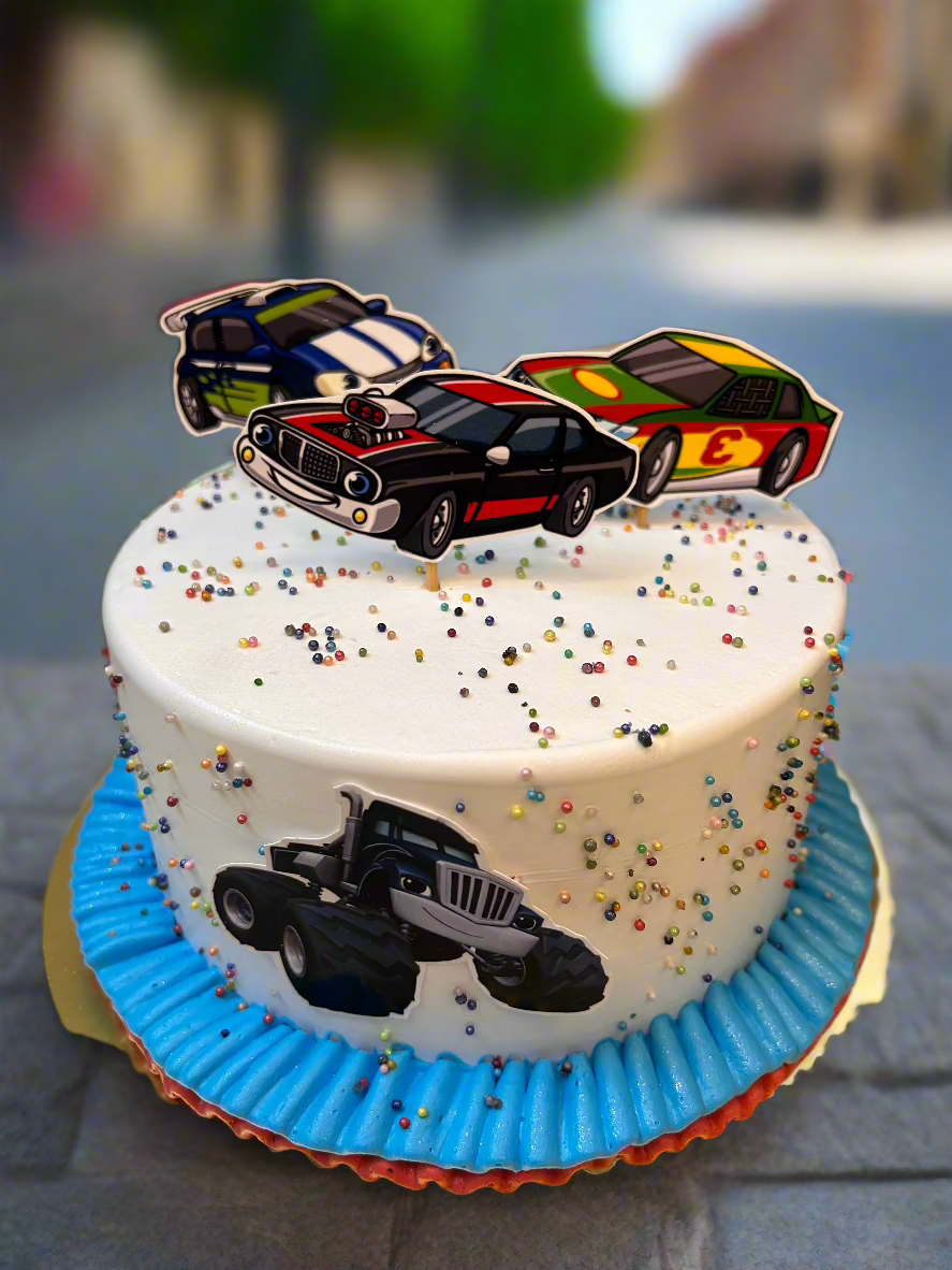 Racing Cars-Themed White Cake with Car Toppers | Doon Memories