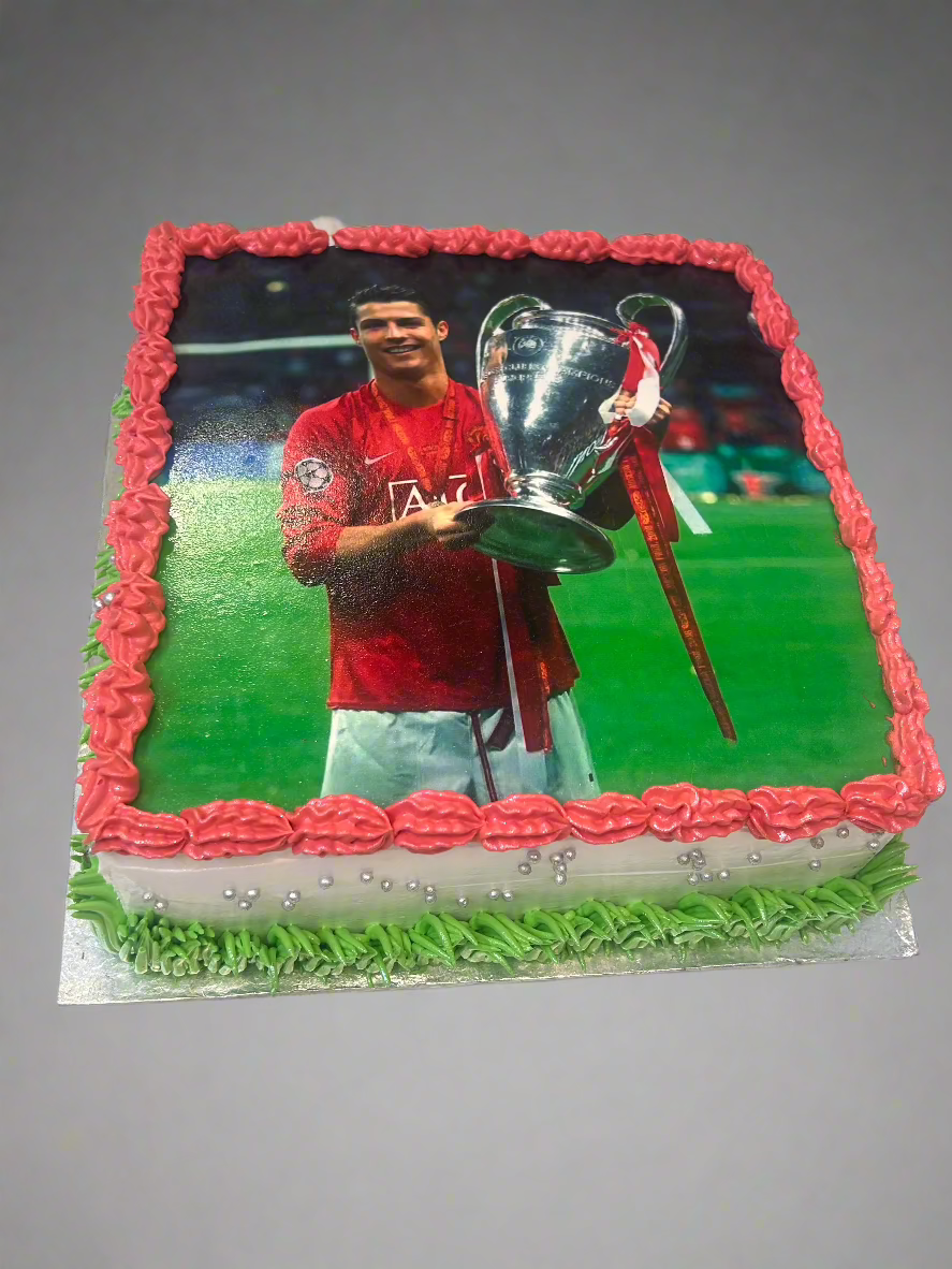 Football-Themed Cake with Edible Cristiano Ronaldo Trophy Image and Buttercream Borders | Doon Memories