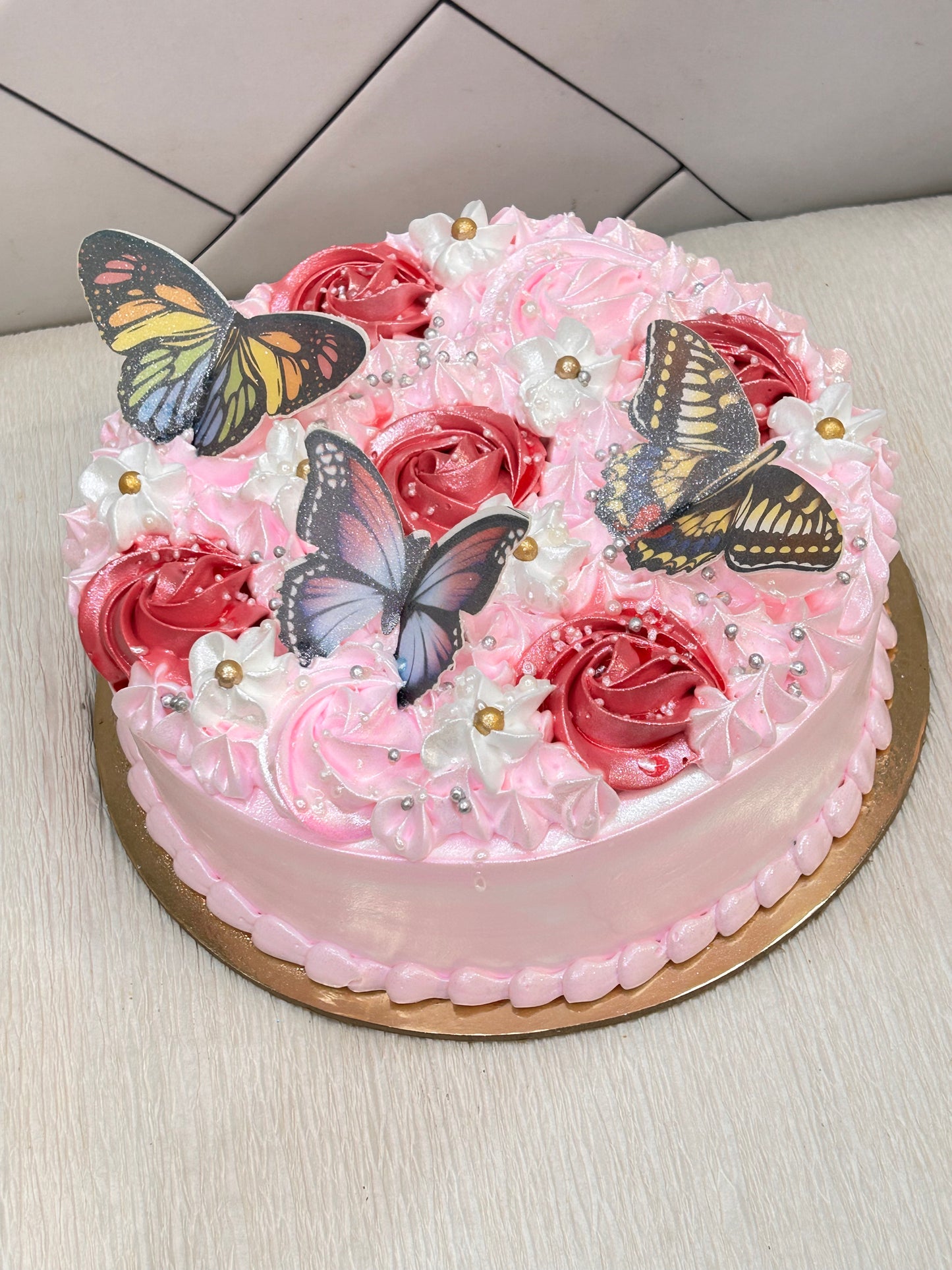 Butterfly Dreams Pink & White Gradient Edible Butterflies Pearls Vanilla Cake | Doon Memories