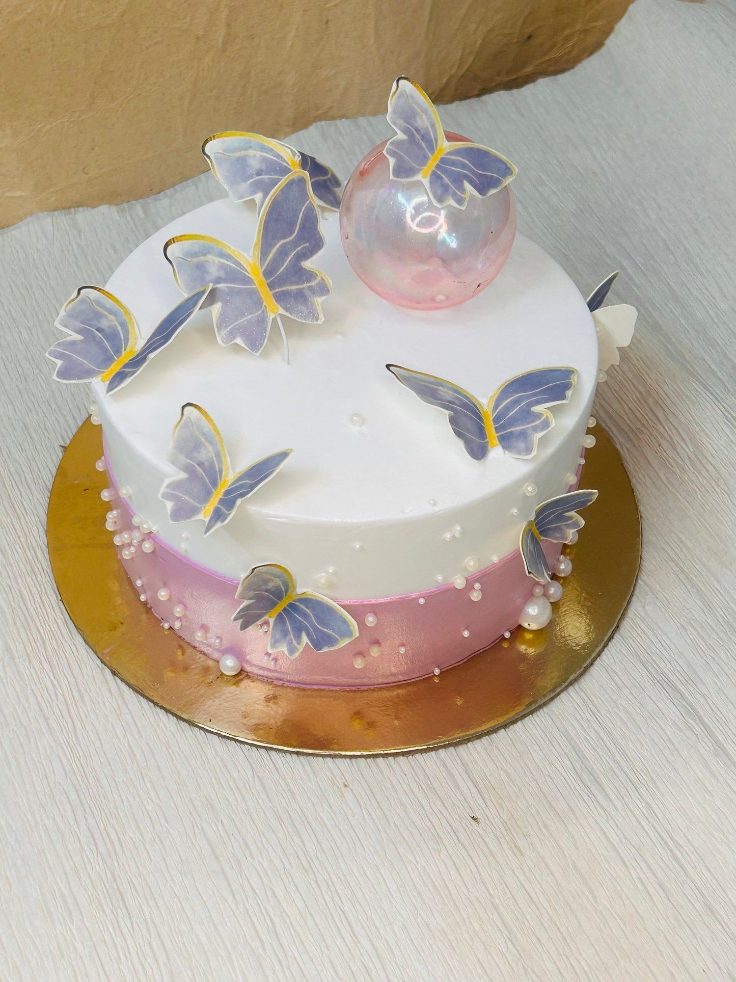 Butterfly Dreams Pink & White Gradient Edible Butterflies Pearls Vanilla Cake | Doon Memories