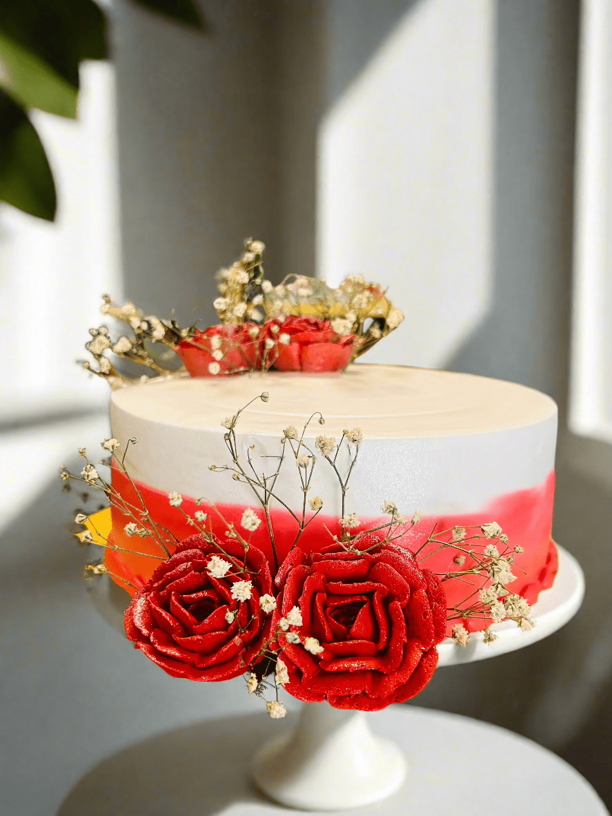 Floral Elegance Red & White Roses & Baby's Breath Vanilla Cake | Doon Memories