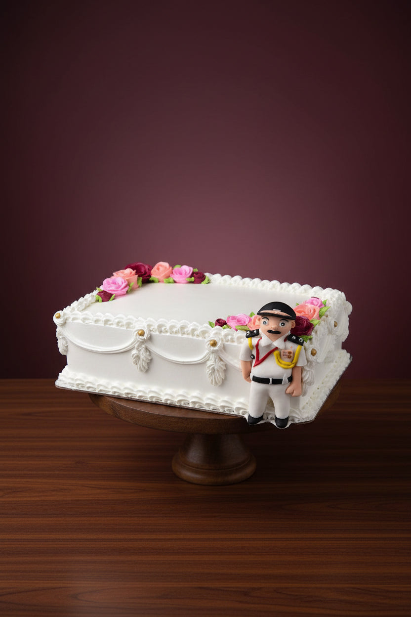 Uniformed Figurine Elegant White Base Cake | Doon Memories