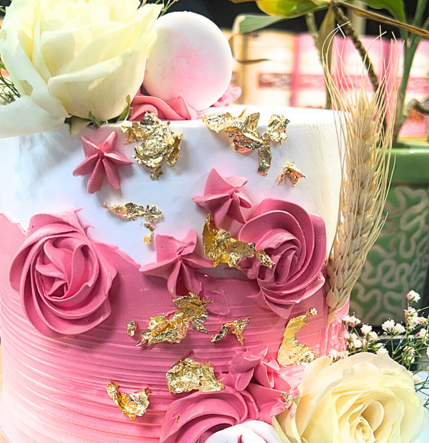 Floral Ombre Pink & White Gold Leaf Cake | Doon Memories