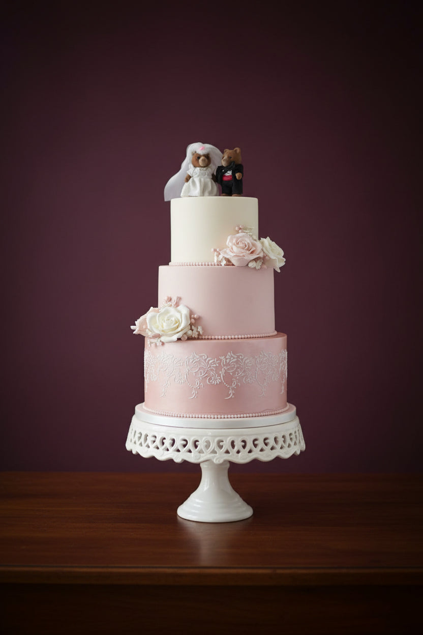 3 Tier Wedding Cake with Ivory and Pink Sugar Roses | Doon Memories