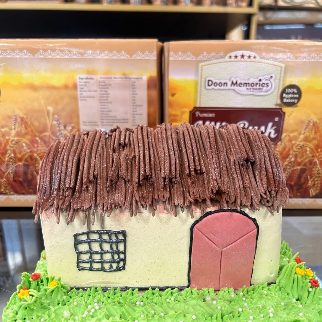Hut Theme Fondant Vanilla Brown Cottage Cake | Doon Memories