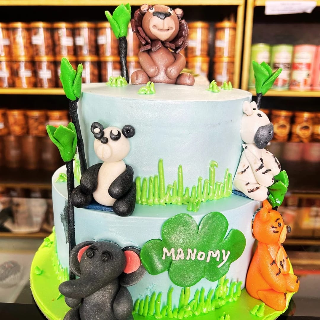 Jungle Theme Fondant Chocolate Blue Animal Cake | Doon Memories