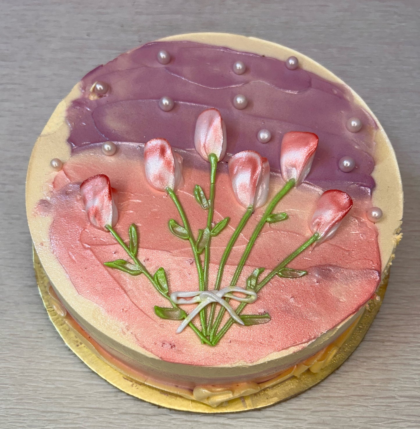 Elegant Floral Tulip-Themed Ombre Cake with Pearl Accents | Doon Memories