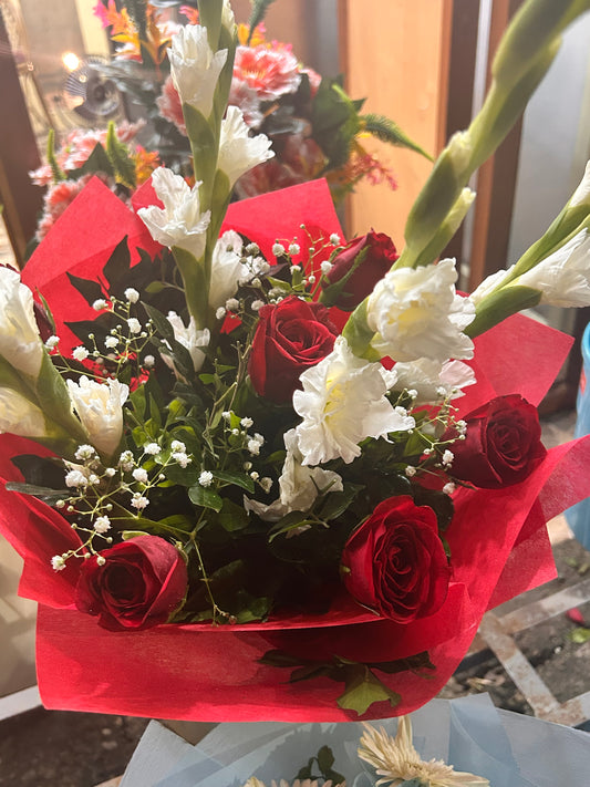 Red Roses & White Gladiolus Bouquet