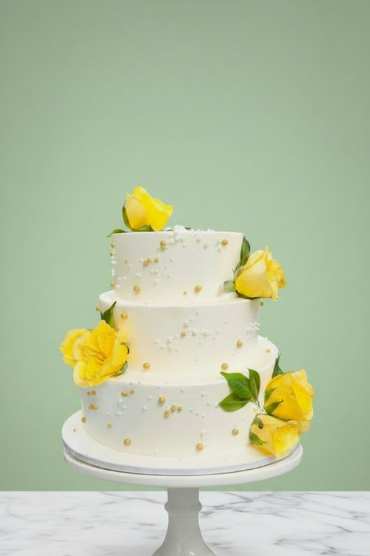 100% Eggless Gloden Blossom Elegance-3 tier Floral Cake | Doon Memories
