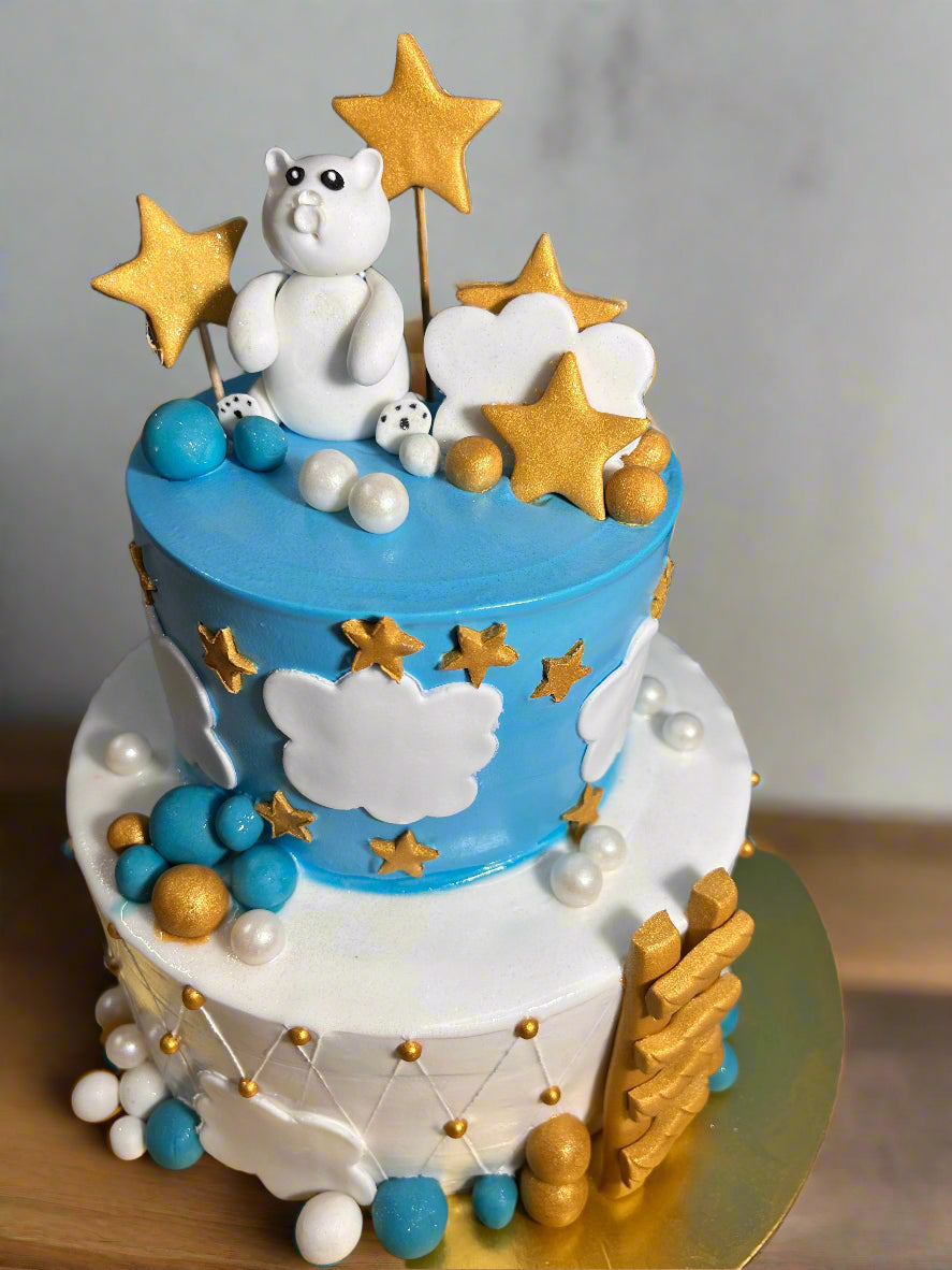 Stars & Clouds Vanilla Blue & White Tiered Cake | Doon Memories