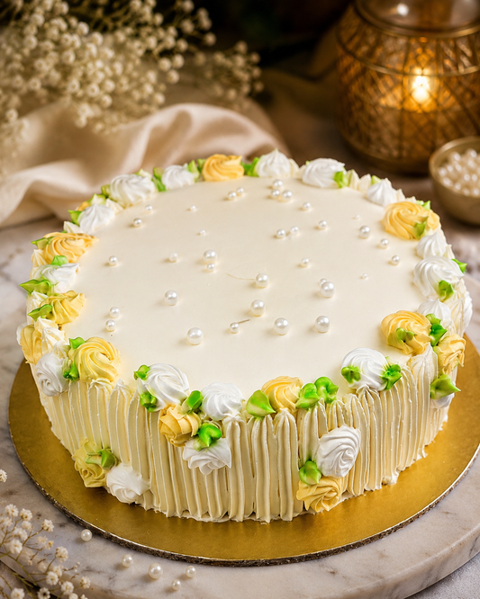 Classic White Cream Cake with Floral Rosettes