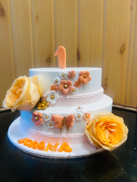 Peach Blossom First Birthday Cake – Elegant 2-Tier Celebration