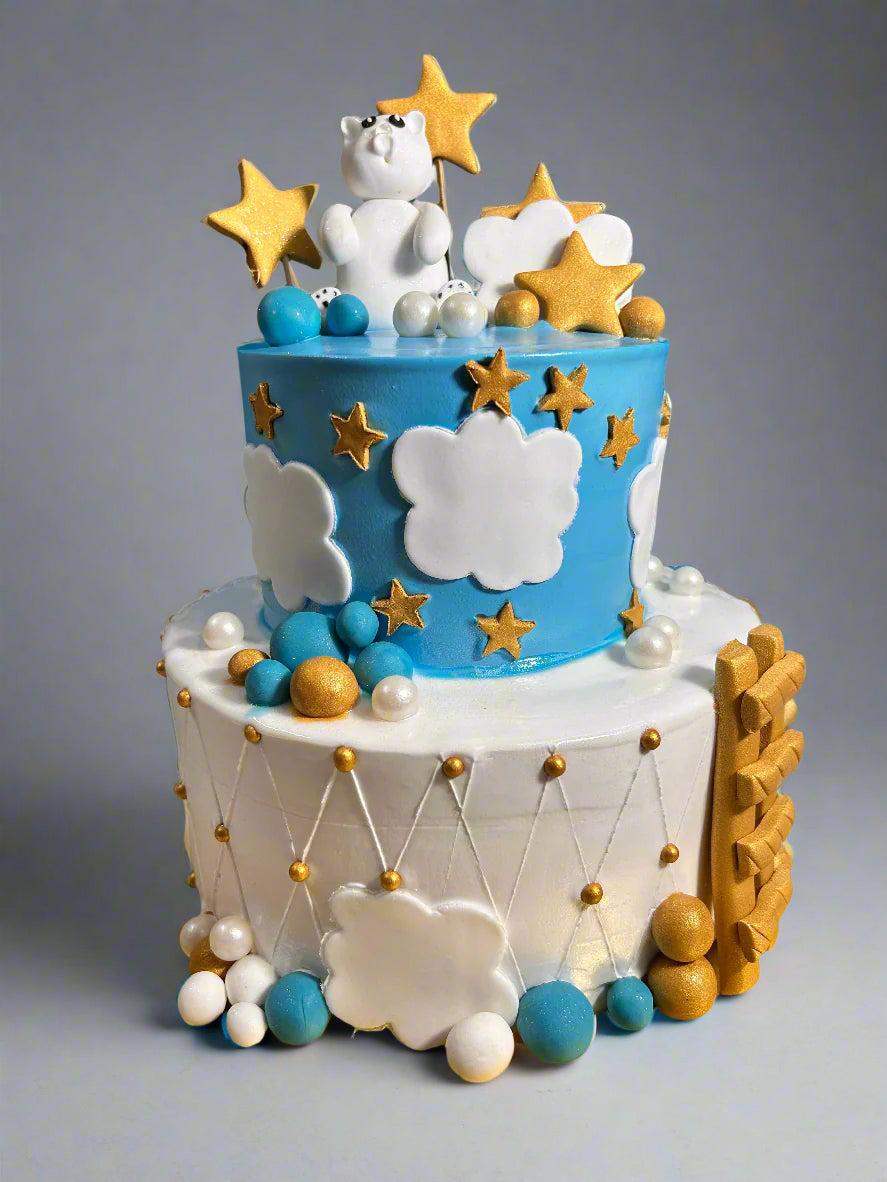 Stars & Clouds Vanilla Blue & White Tiered Cake | Doon Memories