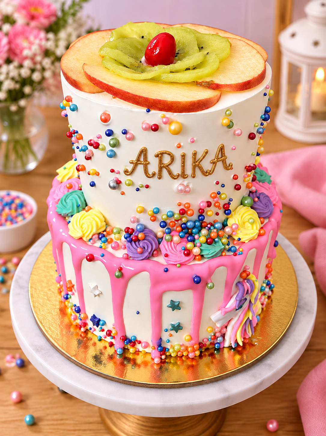 Rainbow Sprinkle Fresh Fruit Cake – Customised Birthday Cake