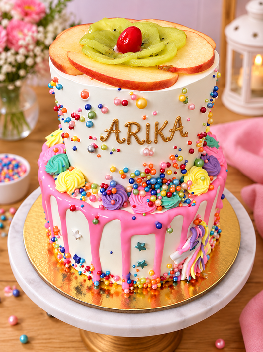 Rainbow Sprinkle Fresh Fruit Cake – Customised Birthday Cake