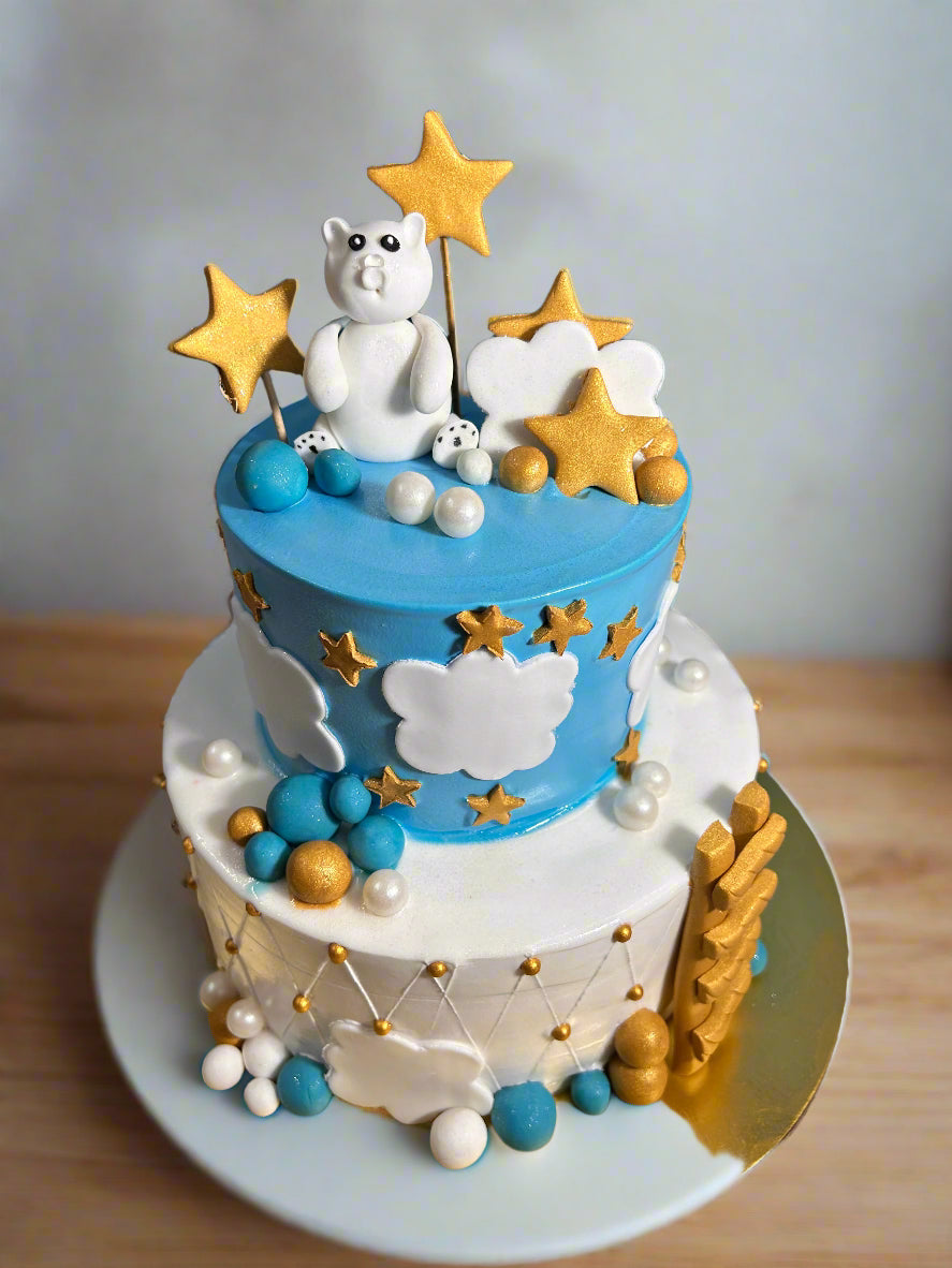 Stars & Clouds Vanilla Blue & White Tiered Cake | Doon Memories