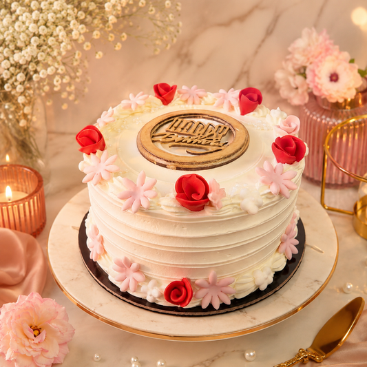 Elegant Floral Cream Cake – Happy Moments Special