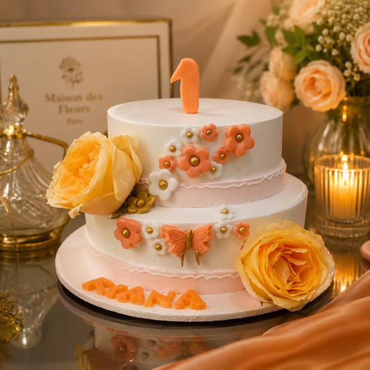 Peach Blossom First Birthday Cake – Elegant 2-Tier Celebration